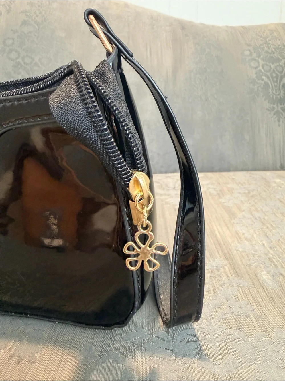 Ava Lane Patent Leather Black Mini Shoulder Bag with Gold Bow Accent - NEW